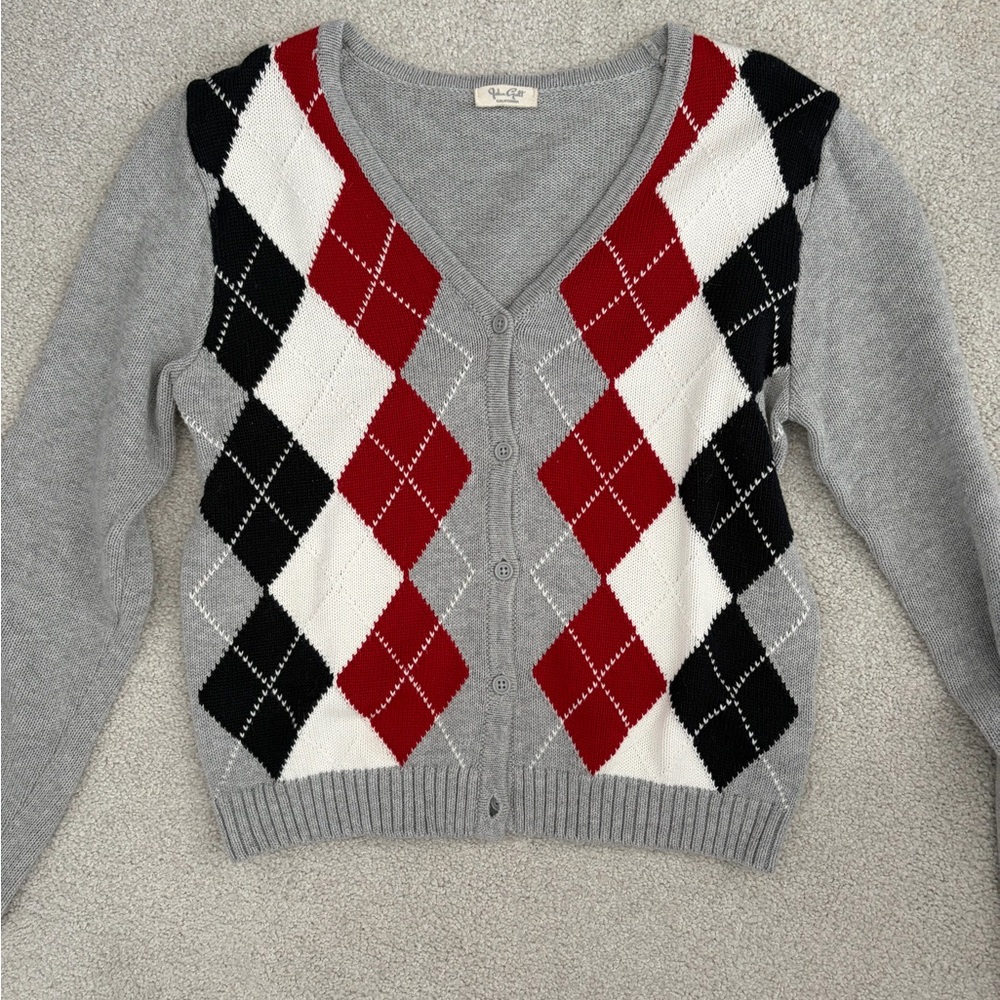 Brandy Melville Gray Cardigan with Red and Black Argyle